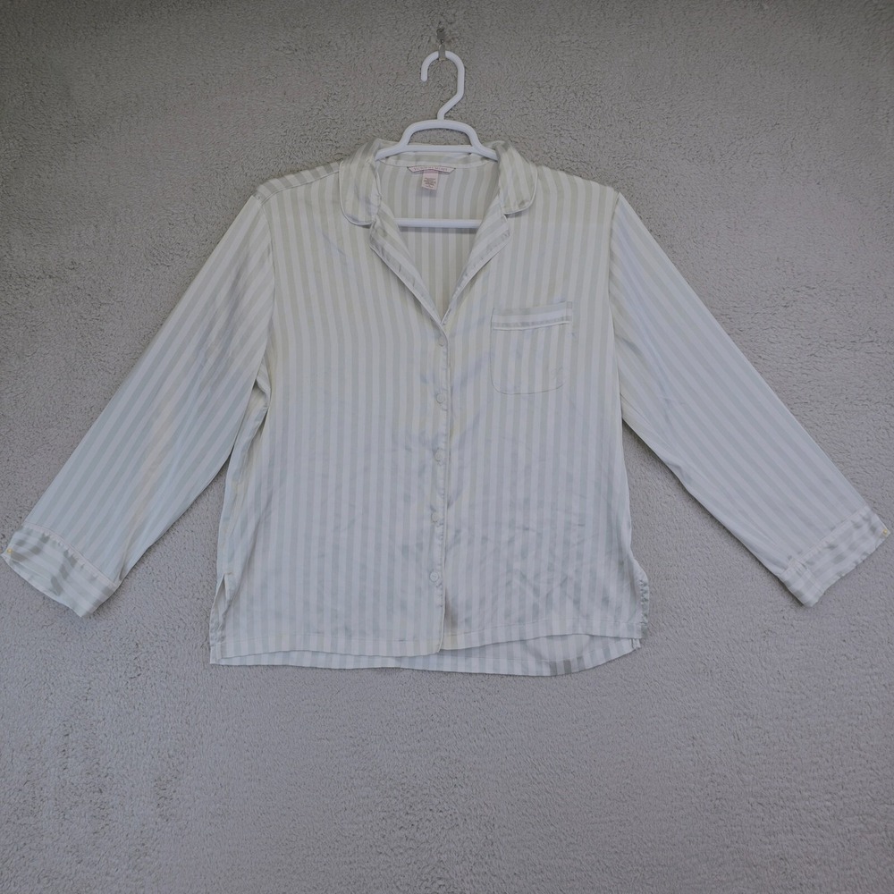 Victoria's‎ Secret Satin Pajama Top Women's Medium Green White Striped Button Up